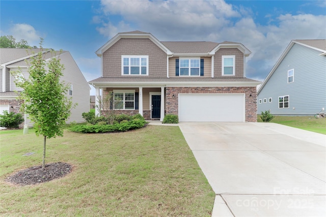 view of front of home with a garage, a front lawn, and covered porch