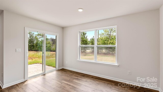 spare room with plenty of natural light, baseboards, and wood finished floors