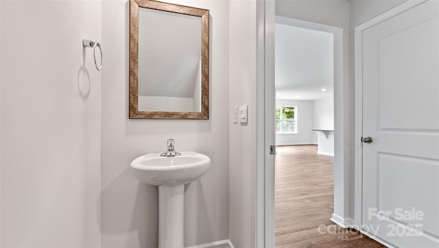 bathroom with a sink, wood finished floors, and baseboards