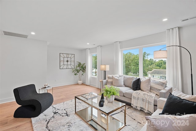 living room with light hardwood / wood-style flooring