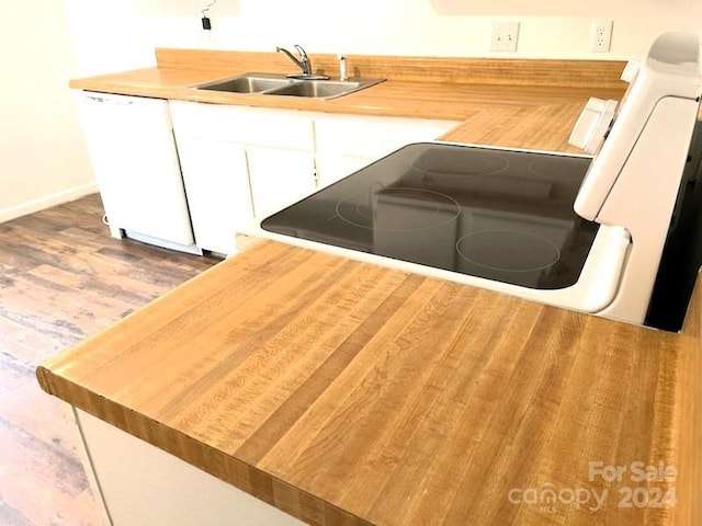 room details with white dishwasher, hardwood / wood-style flooring, and sink