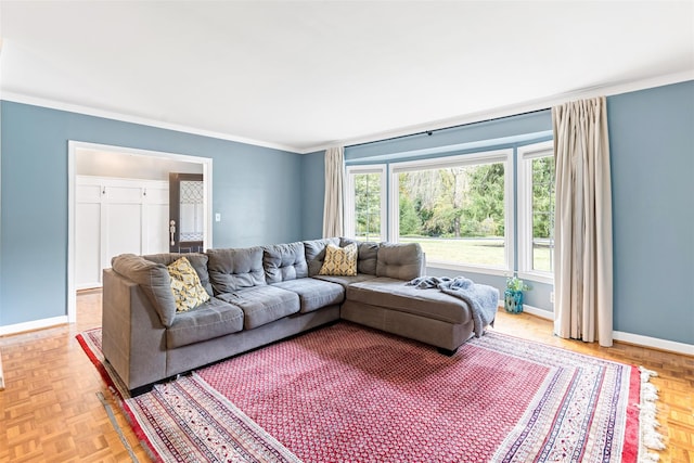 living room featuring light parquet floors and crown molding