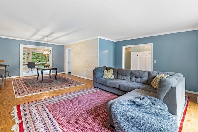 living room featuring ornamental molding and parquet floors