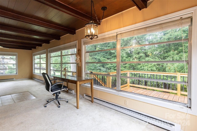 carpeted office space featuring a notable chandelier, a baseboard radiator, beam ceiling, and wooden ceiling