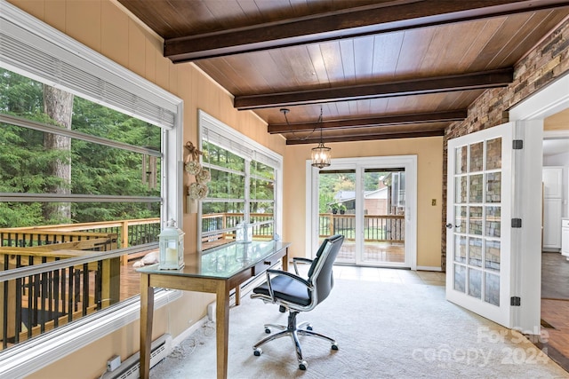 tiled office with wood ceiling and beam ceiling