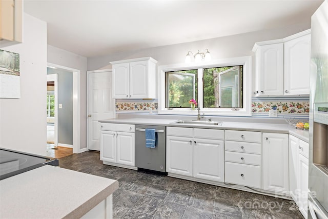 kitchen with backsplash, white cabinetry, a healthy amount of sunlight, and stainless steel dishwasher