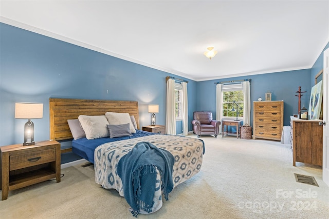 carpeted bedroom featuring crown molding