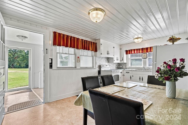 dining space featuring wooden ceiling and sink