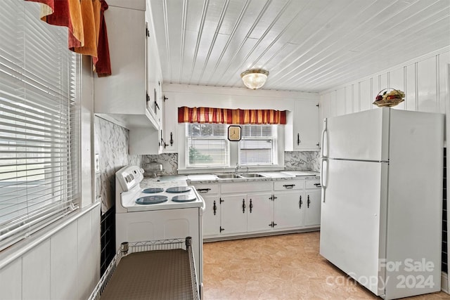 kitchen with decorative backsplash, sink, wooden ceiling, white cabinetry, and white appliances