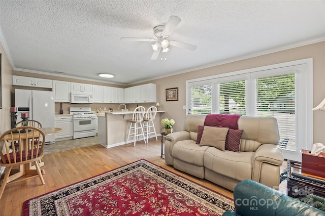 living room featuring light hardwood / wood-style flooring, ceiling fan, and ornamental molding