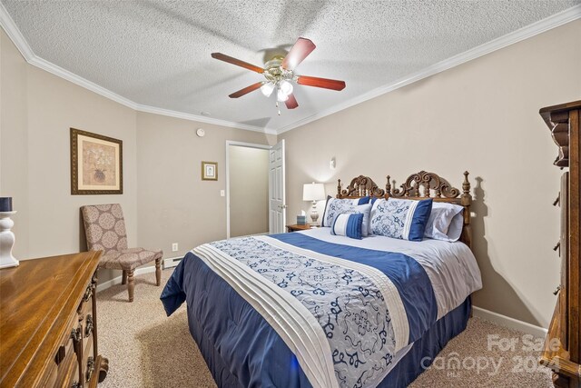 bedroom featuring ceiling fan, light colored carpet, and a textured ceiling