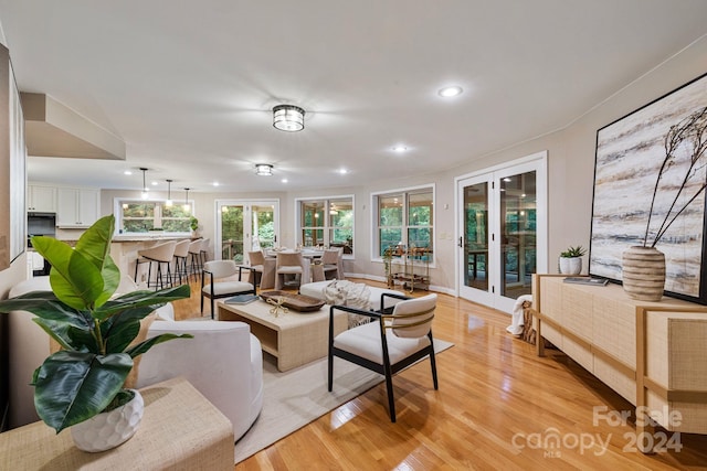 living room featuring french doors and light hardwood / wood-style flooring