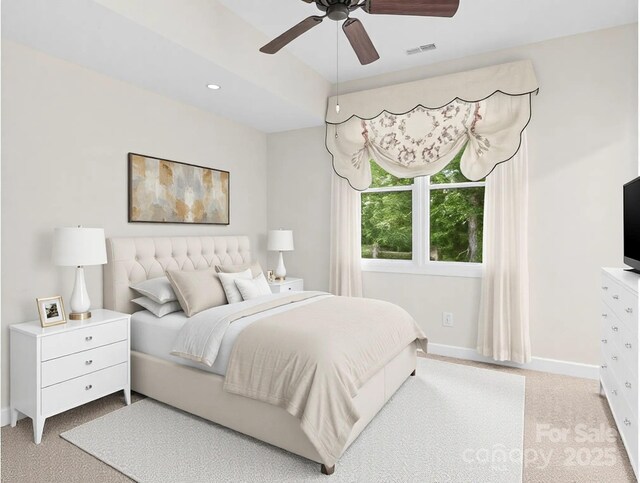 carpeted bedroom with ceiling fan