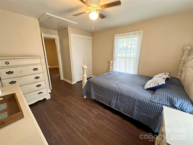 bedroom with ceiling fan, dark hardwood / wood-style flooring, and a closet