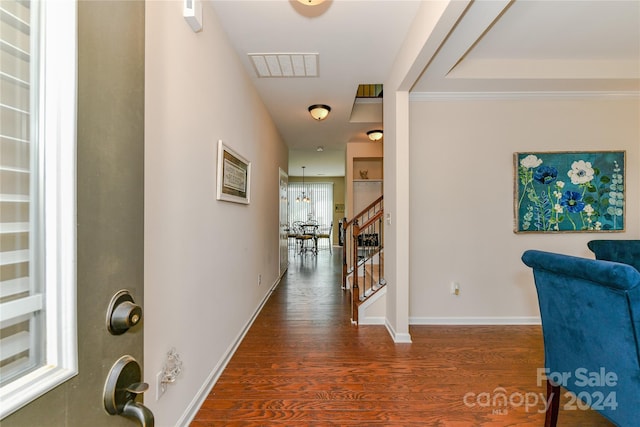 hall with crown molding and dark hardwood / wood-style floors