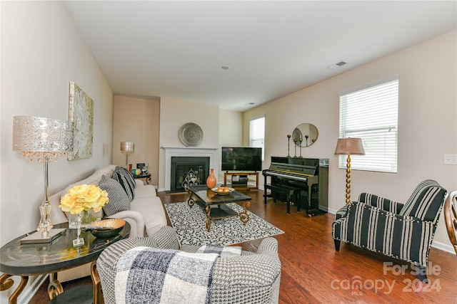 living room with dark wood-type flooring