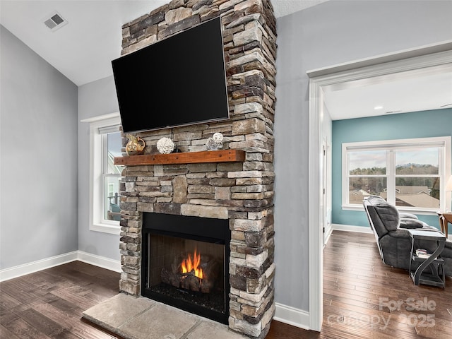 details featuring hardwood / wood-style floors and a fireplace