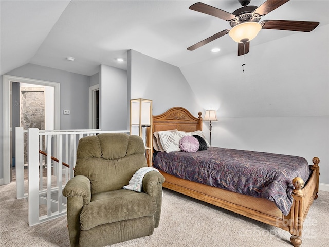 carpeted bedroom featuring ceiling fan and lofted ceiling