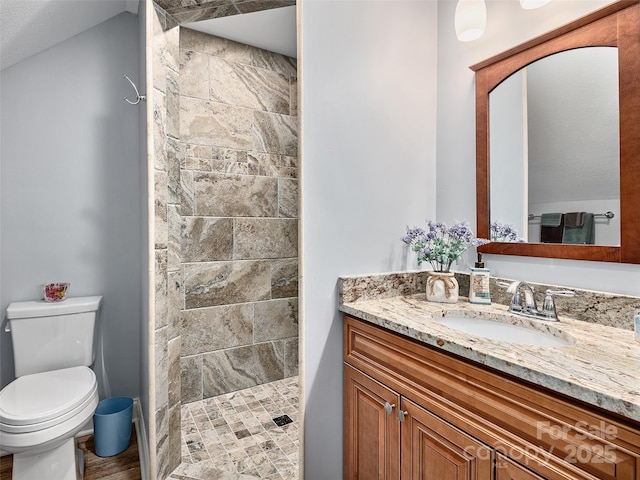 bathroom with vanity, toilet, and tiled shower