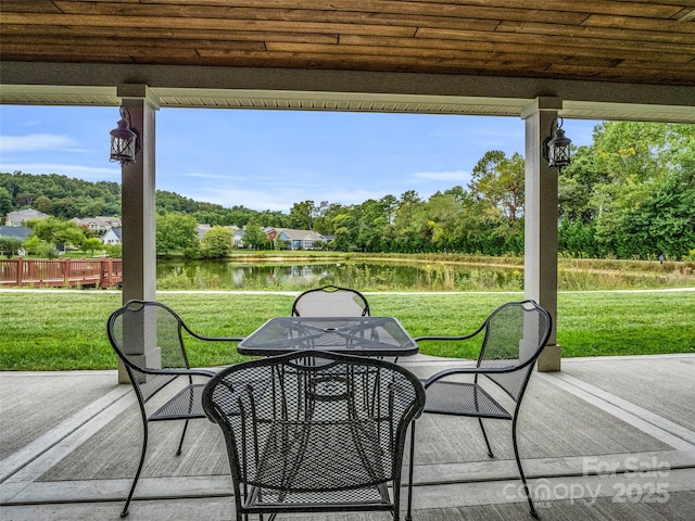 view of patio with a water view