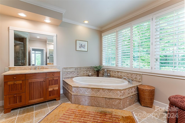 bathroom with crown molding, vanity, and plus walk in shower