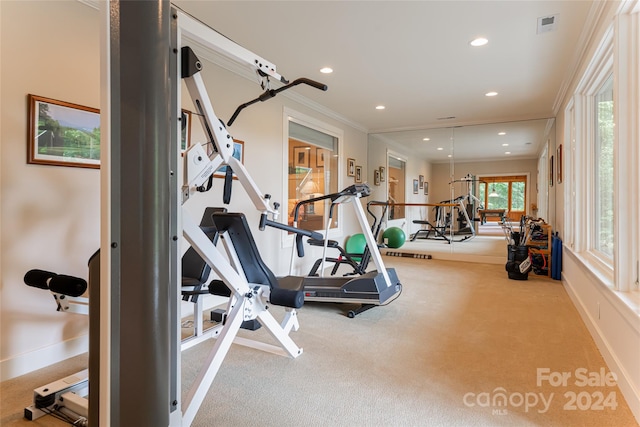 workout room with ornamental molding and light colored carpet