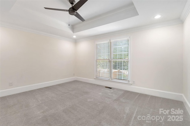 spare room featuring crown molding, light colored carpet, a tray ceiling, and ceiling fan