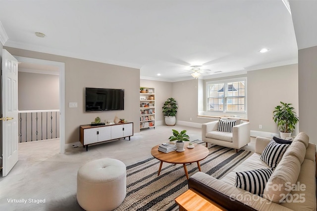 living room with ornamental molding, light colored carpet, and ceiling fan