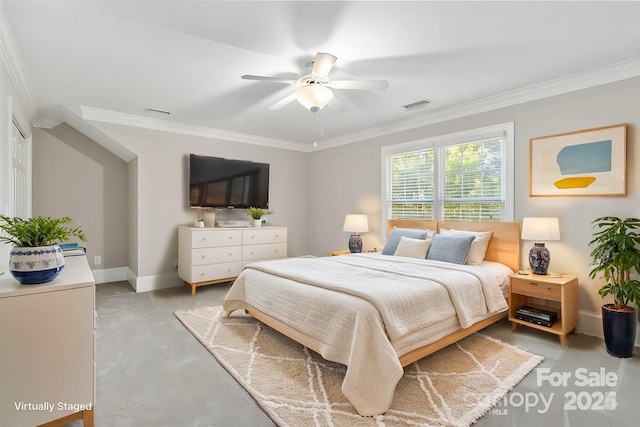 bedroom with ornamental molding and ceiling fan