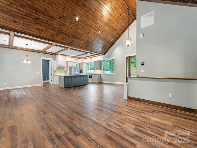 unfurnished living room with a high ceiling and dark hardwood / wood-style flooring