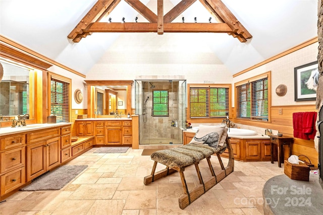 bathroom featuring vanity, beamed ceiling, wooden walls, high vaulted ceiling, and shower with separate bathtub