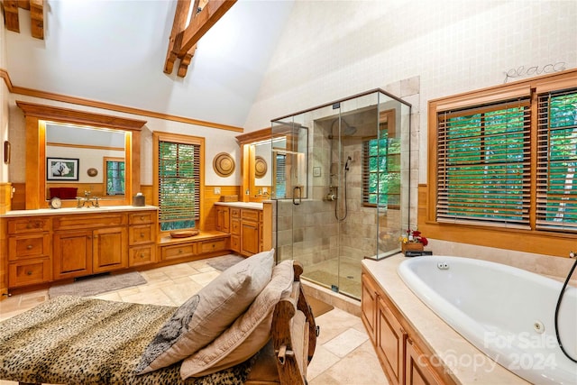 bathroom featuring vanity, beamed ceiling, plus walk in shower, and high vaulted ceiling