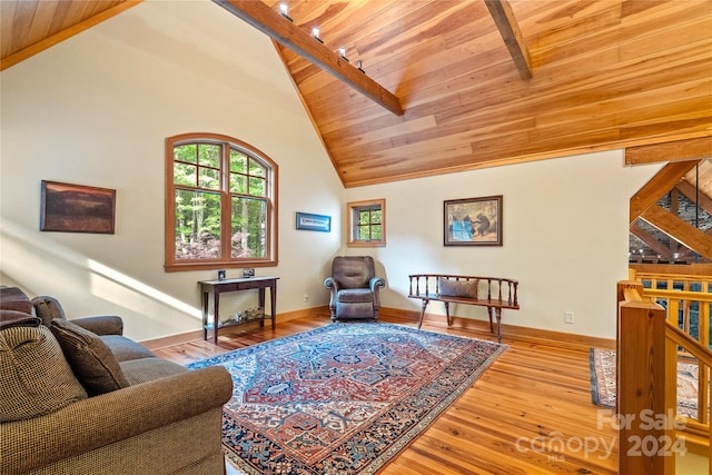 living room featuring wood-type flooring, beam ceiling, high vaulted ceiling, and wooden ceiling