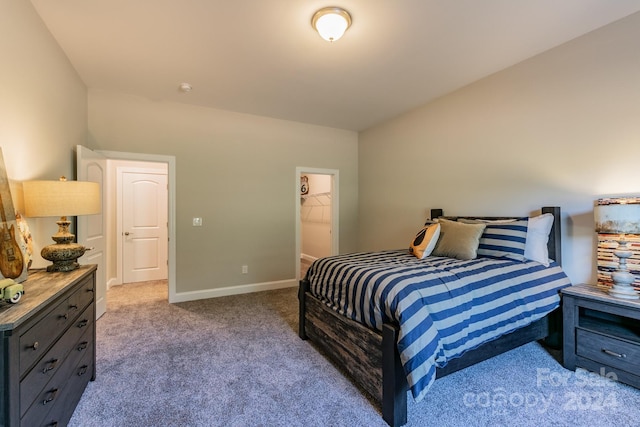 carpeted bedroom featuring a walk in closet and a closet