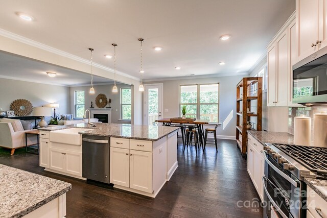 kitchen with a healthy amount of sunlight, stainless steel appliances, dark hardwood / wood-style flooring, and hanging light fixtures