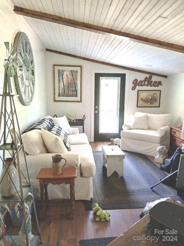 living room featuring vaulted ceiling with beams, hardwood / wood-style flooring, and wood ceiling