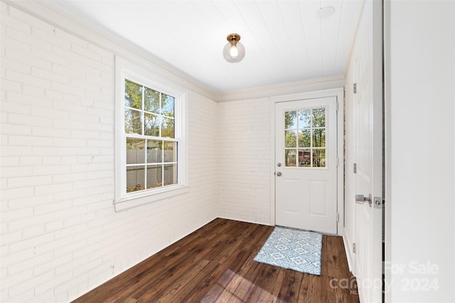 doorway featuring hardwood / wood-style flooring, crown molding, brick wall, and plenty of natural light