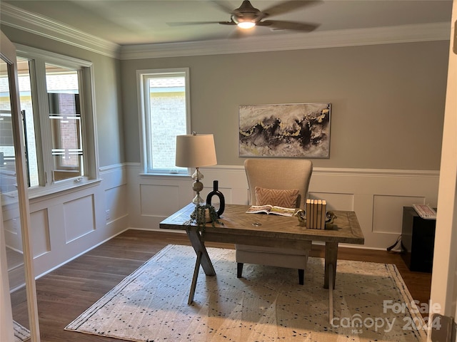 office area with crown molding, hardwood / wood-style flooring, and ceiling fan