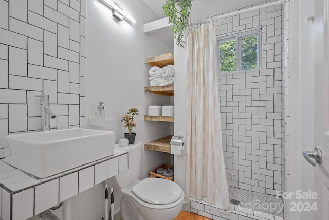 bathroom featuring toilet, a shower with shower curtain, and sink