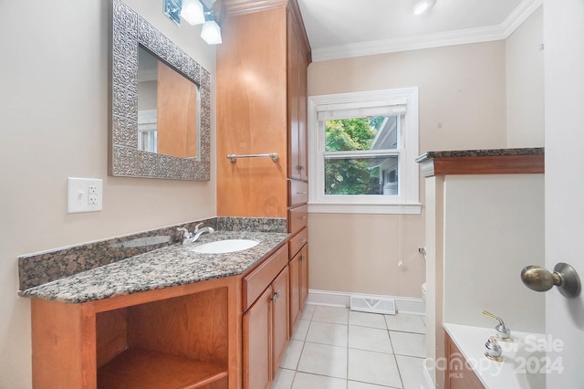 bathroom featuring crown molding, tile patterned flooring, vanity, and toilet