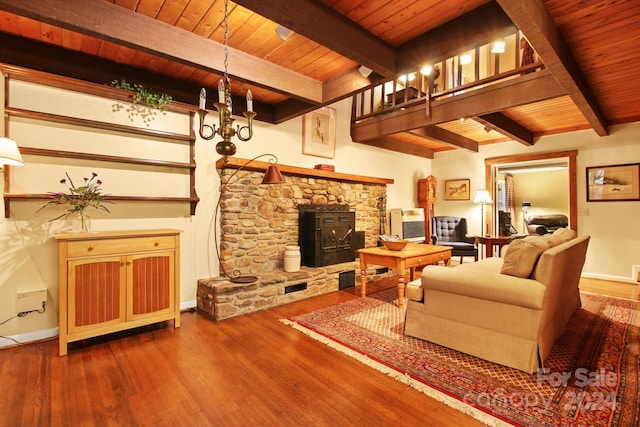 living room with beam ceiling, a wood stove, wooden ceiling, and hardwood / wood-style flooring