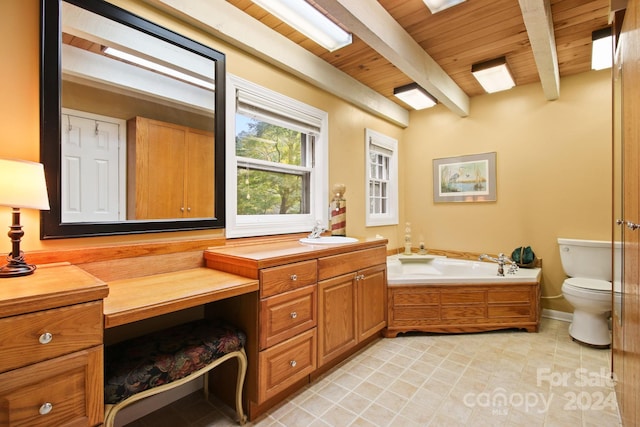 bathroom featuring a bathtub, vanity, wooden ceiling, beamed ceiling, and toilet