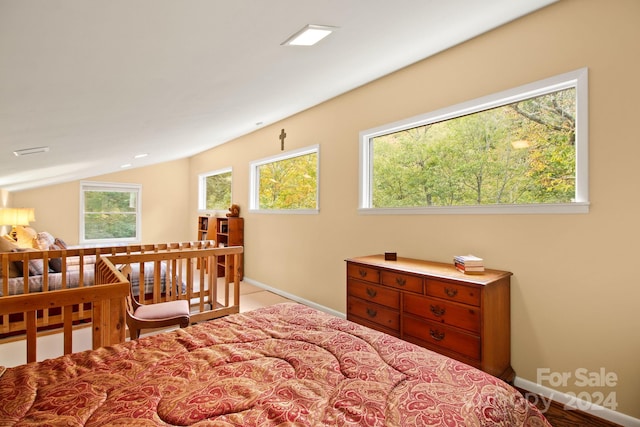 bedroom with multiple windows and vaulted ceiling