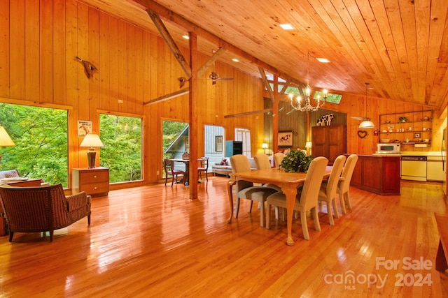 dining room featuring high vaulted ceiling, ceiling fan with notable chandelier, light hardwood / wood-style flooring, beam ceiling, and wood ceiling