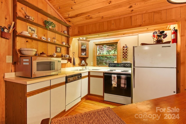 kitchen featuring wood ceiling, white appliances, vaulted ceiling, light hardwood / wood-style flooring, and white cabinets