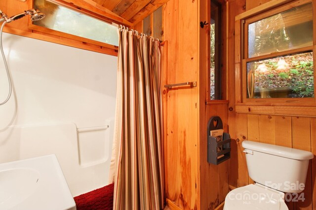 bathroom with wooden ceiling, sink, wooden walls, a shower with shower curtain, and toilet