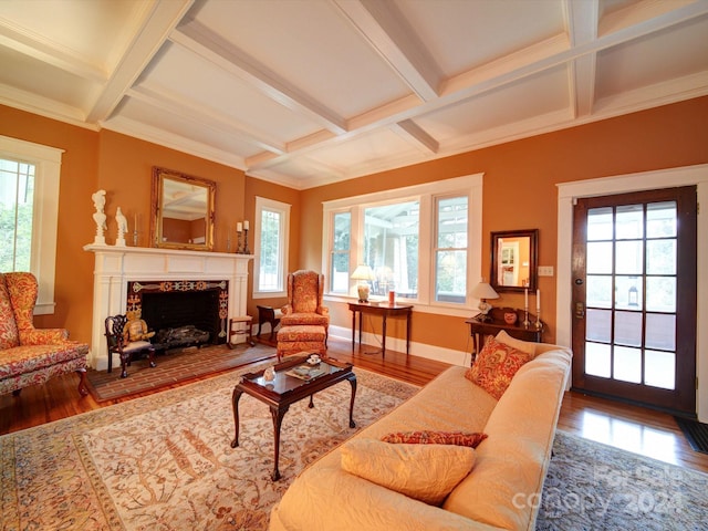 living room with plenty of natural light, beam ceiling, and hardwood / wood-style flooring