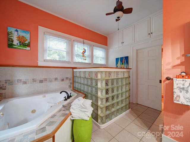 bathroom featuring tile patterned flooring, separate shower and tub, and ceiling fan