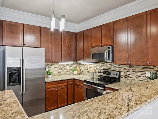 kitchen with tasteful backsplash, light stone counters, stainless steel appliances, crown molding, and pendant lighting