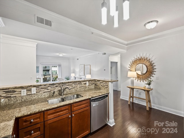 kitchen featuring light stone countertops, sink, dark wood-type flooring, stainless steel dishwasher, and decorative backsplash